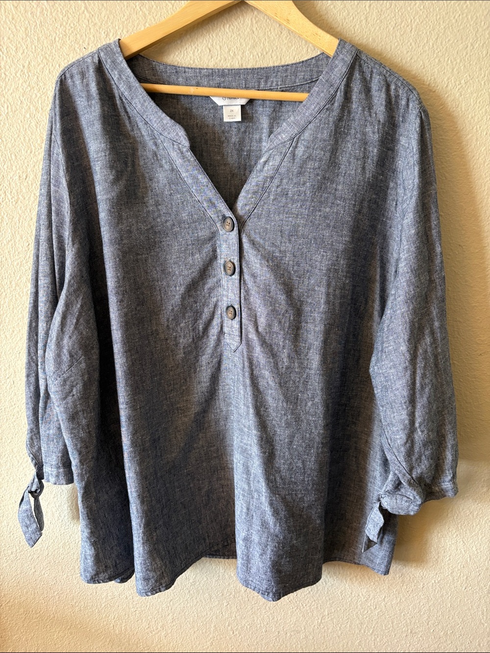 CJ Banks Women's 2X Blue Linen Blend Tunic Blouse Henley Tie Sleeve Plus Size
